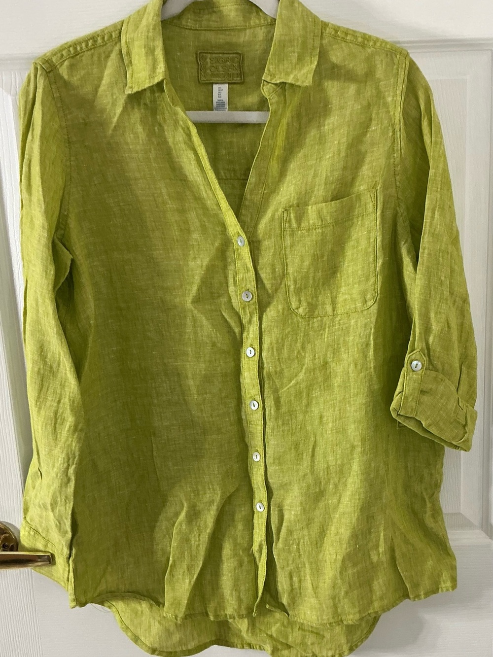 NWT Sigrid Olsen Lime Green 100% Linen Roll Tab Sleeve Button Up Tunic S